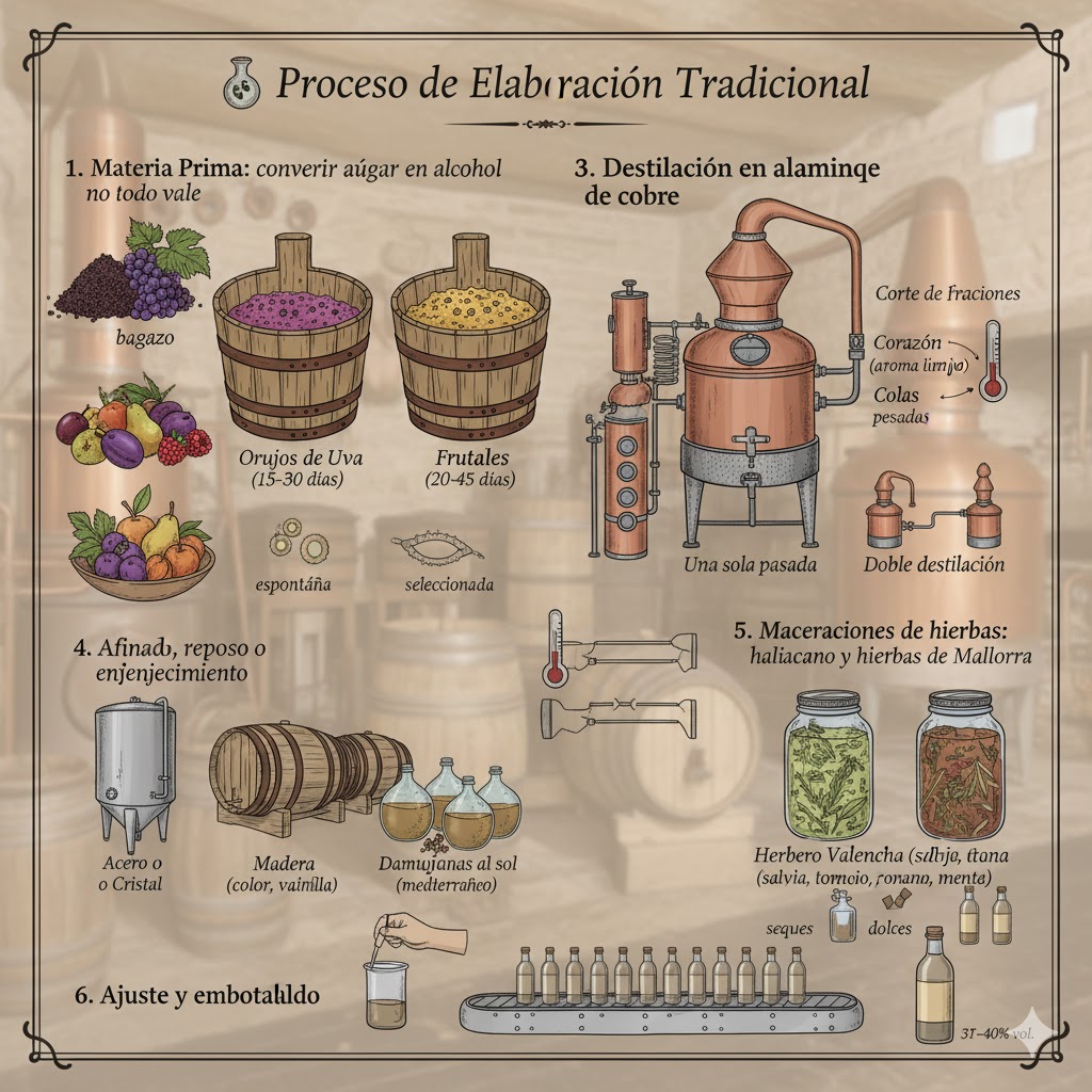 Esquema del proceso de elaboración del aguardiente: materia prima, fermentación, destilación, reposo, maceración y embotellado