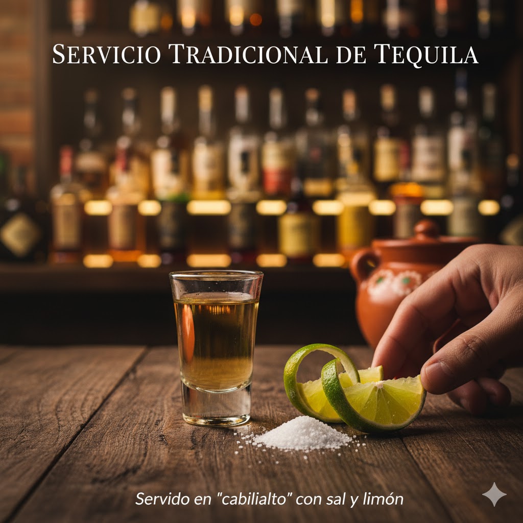 Servicio tradicional de tequila en caballito con sal y limón