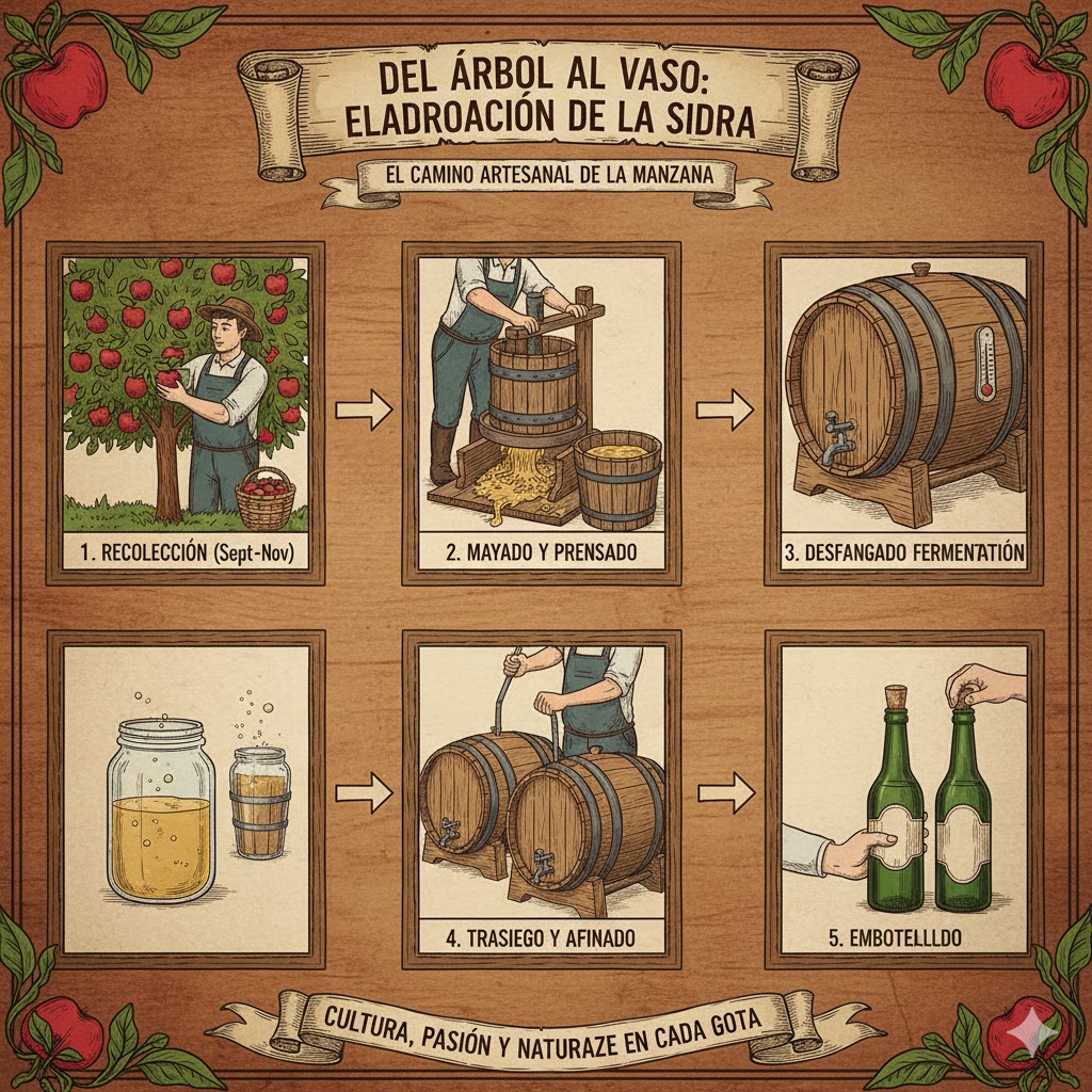 Esquema del proceso de elaboración de la sidra desde la manzana al vaso