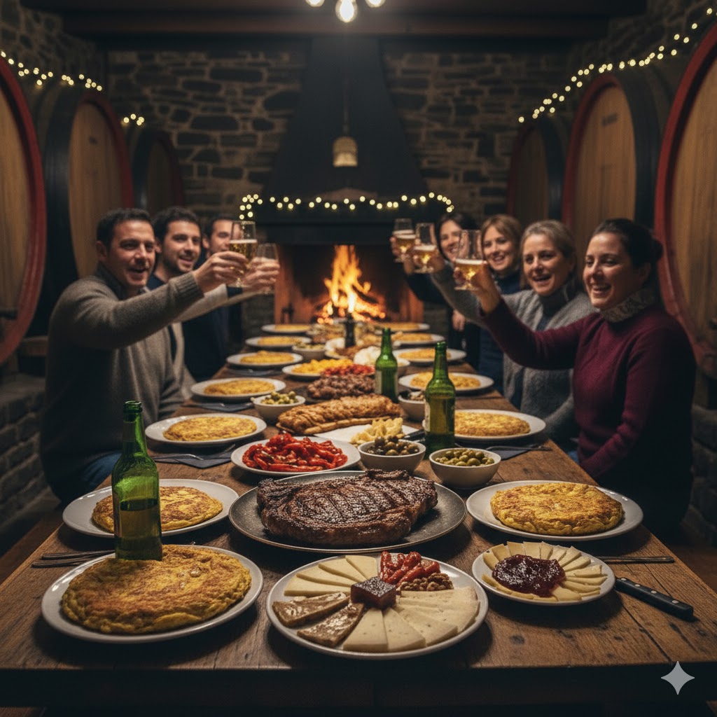 Mesa de sagardotegi con sagardoa, tortilla de bacalao y chuleta
