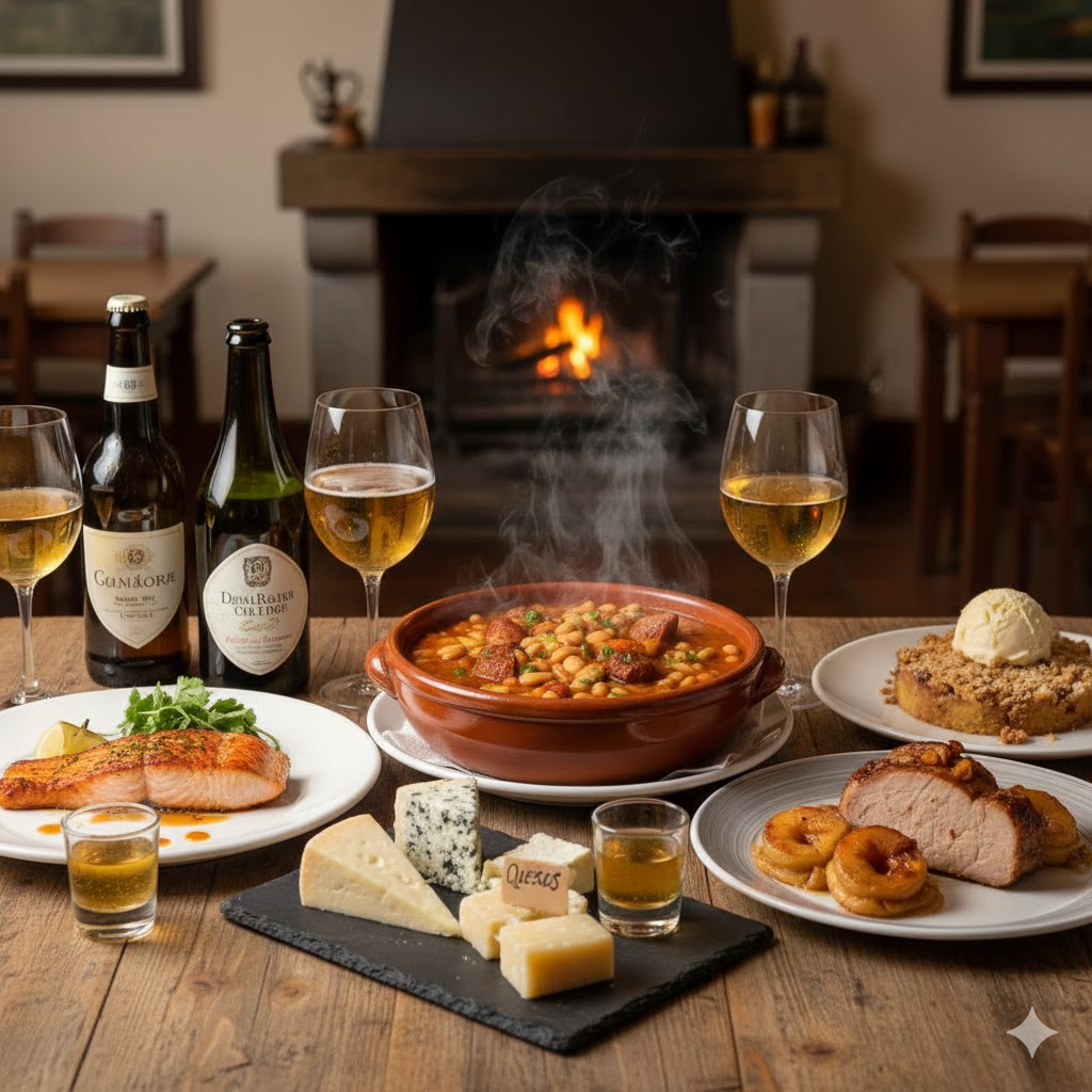 Propuesta de maridaje con sidra junto a platos y quesos