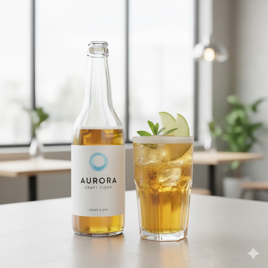 Sidra moderna en botella y copa