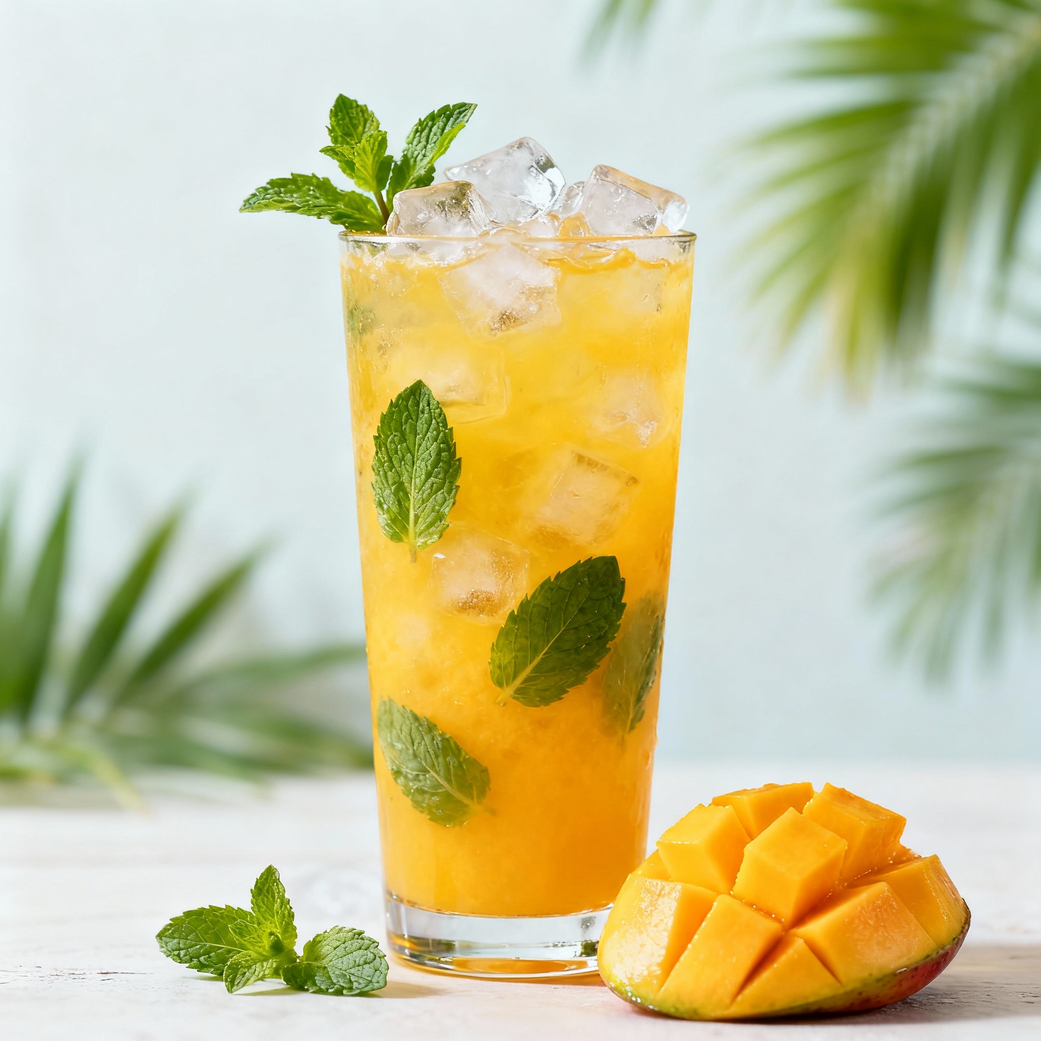 Mocktail de mango y menta en vaso alto con hojas frescas