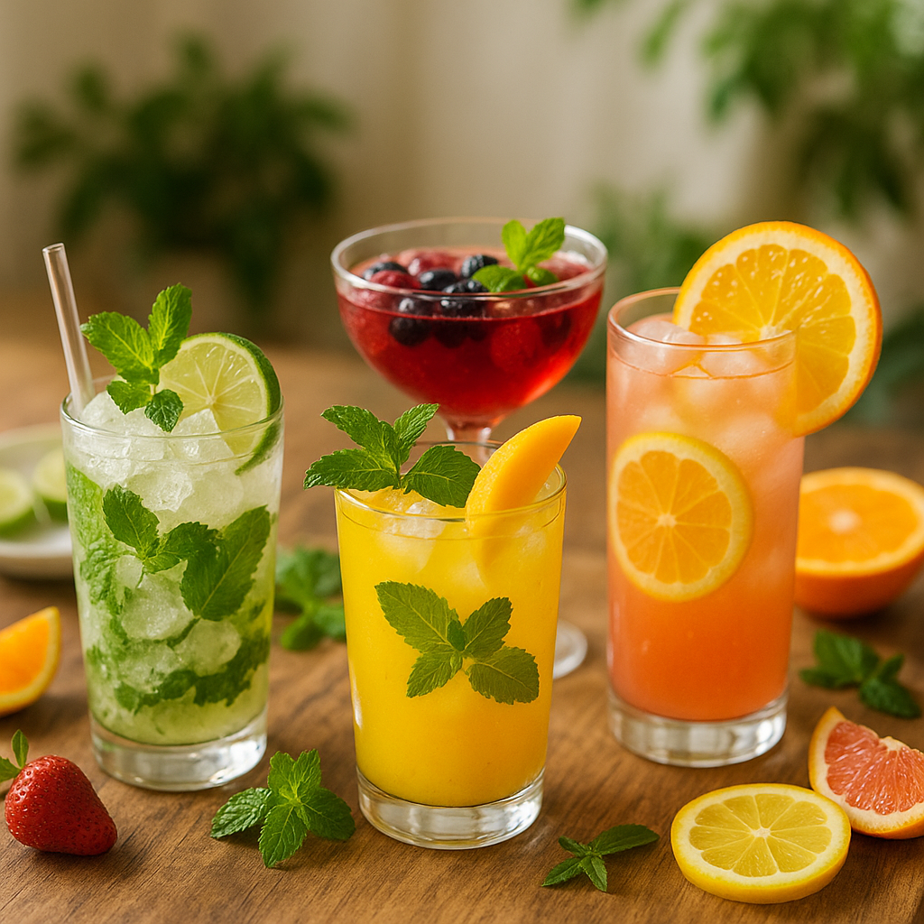 Selección de cócteles sin alcohol servidos en vaso alto y copa