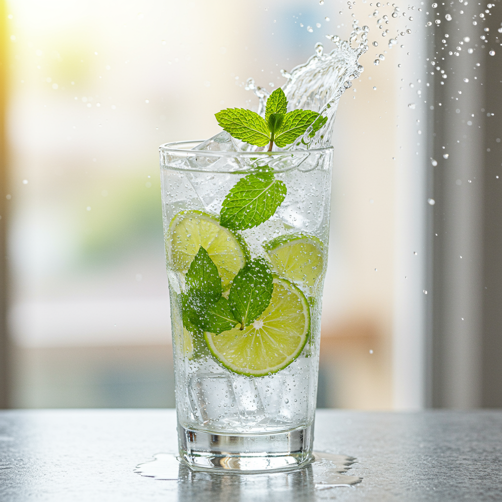 Mojito virgen servido con lima, hielo picado y menta fresca