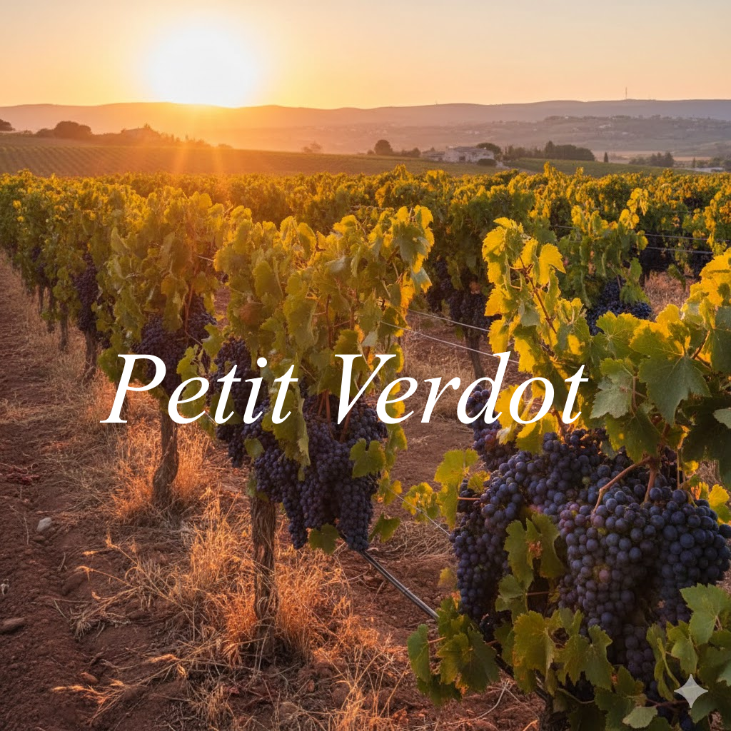 Viñedos de Petit Verdot al atardecer: racimos oscuros en clima cálido