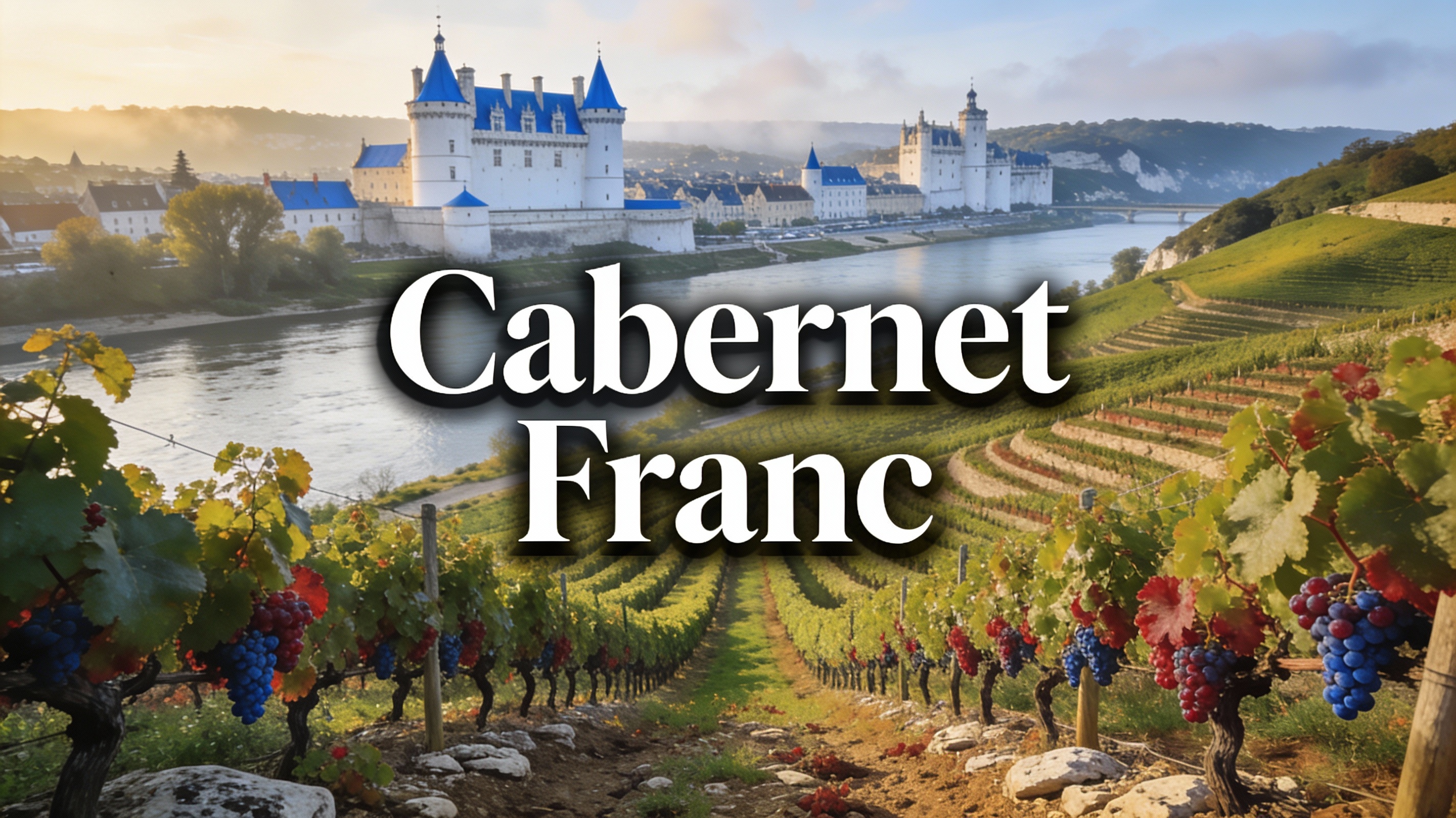 Viñedos de Cabernet Franc en las riberas del río Loire con castillos históricos al fondo