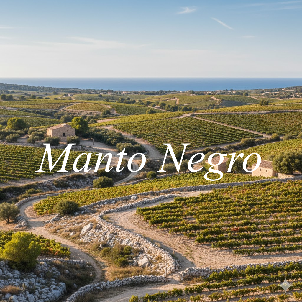 Viñedos de Manto Negro en colinas calcáreas de Binissalem, Mallorca, con mar Mediterráneo al fondo
