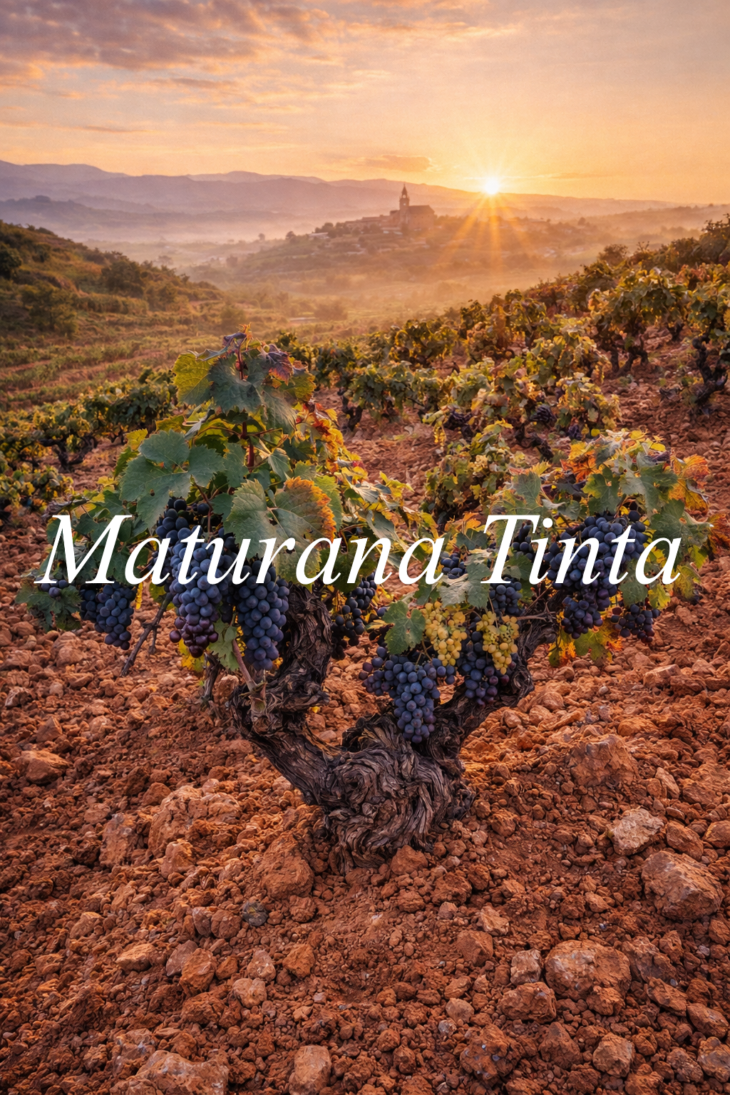 Viñas viejas de Maturana Tinta en laderas arcillosas de Rioja Alta al amanecer