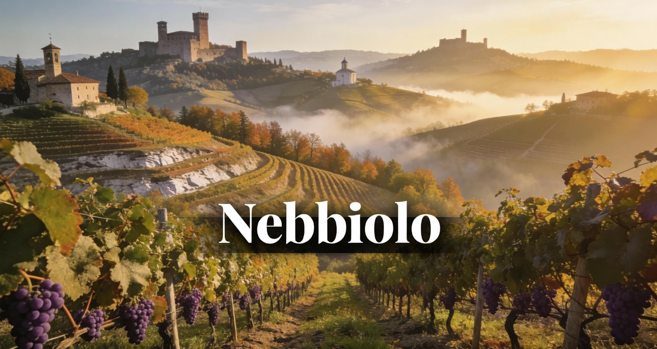 Viñedos de Nebbiolo en las colinas de Langhe, Piamonte, con niebla matinal característica