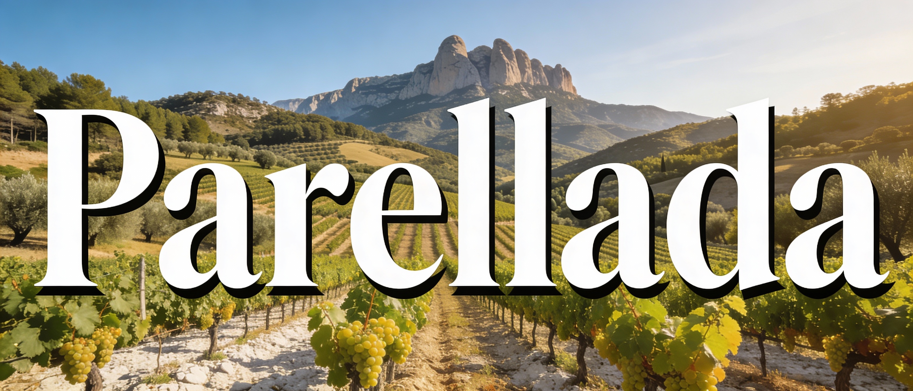 Viñedos de Parellada en las alturas del Penedès, Cataluña, con la montaña de Montserrat al fondo