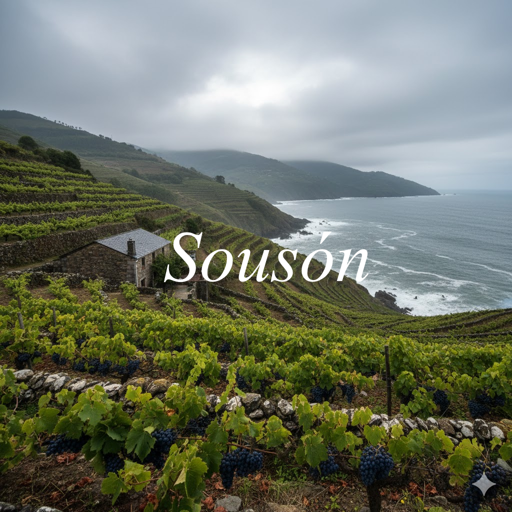 Viñedos atlánticos de Sousón en Galicia, con laderas verdes y cielo nuboso