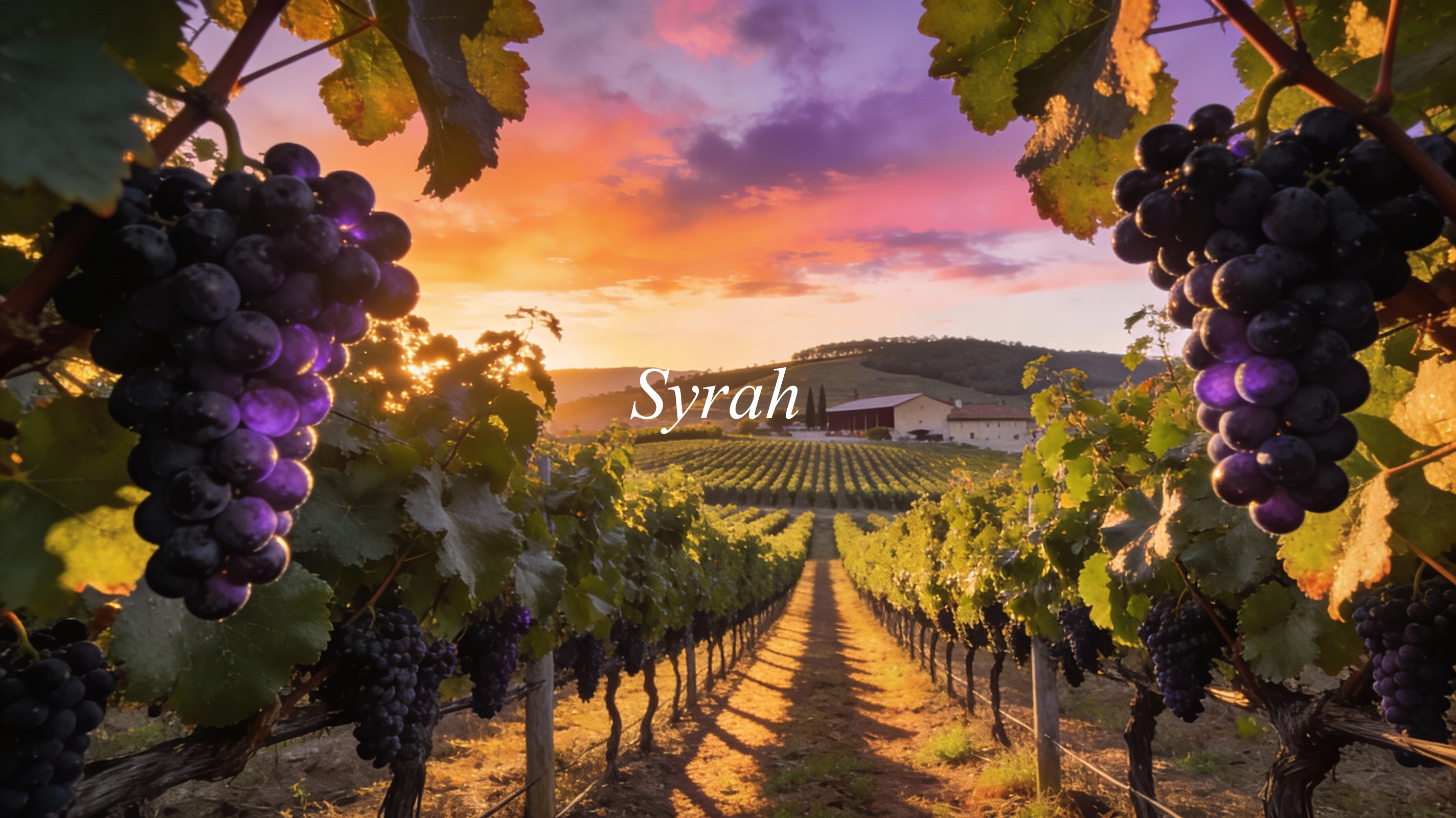Viñedos de Syrah al atardecer, con racimos oscuros y paisaje vitícola
