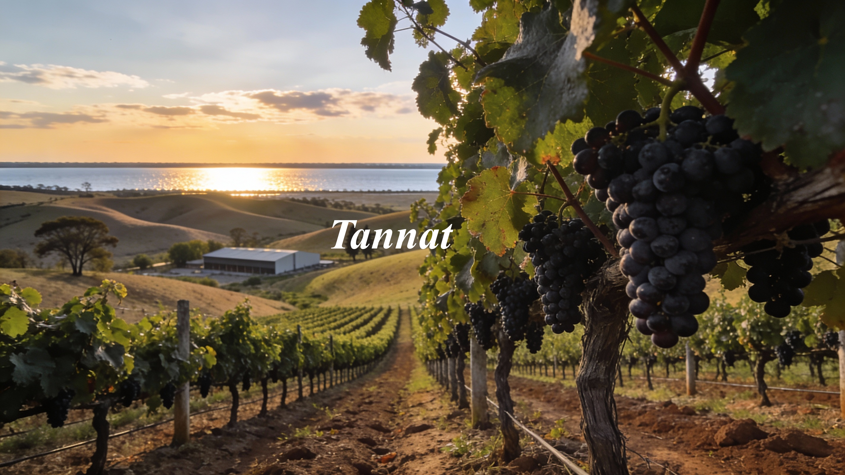 Viñedos de Tannat en las suaves colinas de Canelones, Uruguay, con el Río de la Plata al fondo