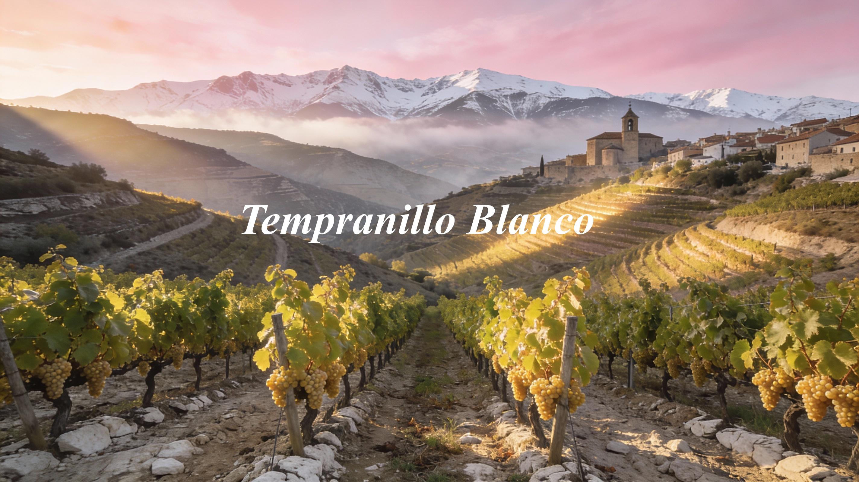 Viñedos de Tempranillo Blanco en las laderas de Rioja Alta al amanecer