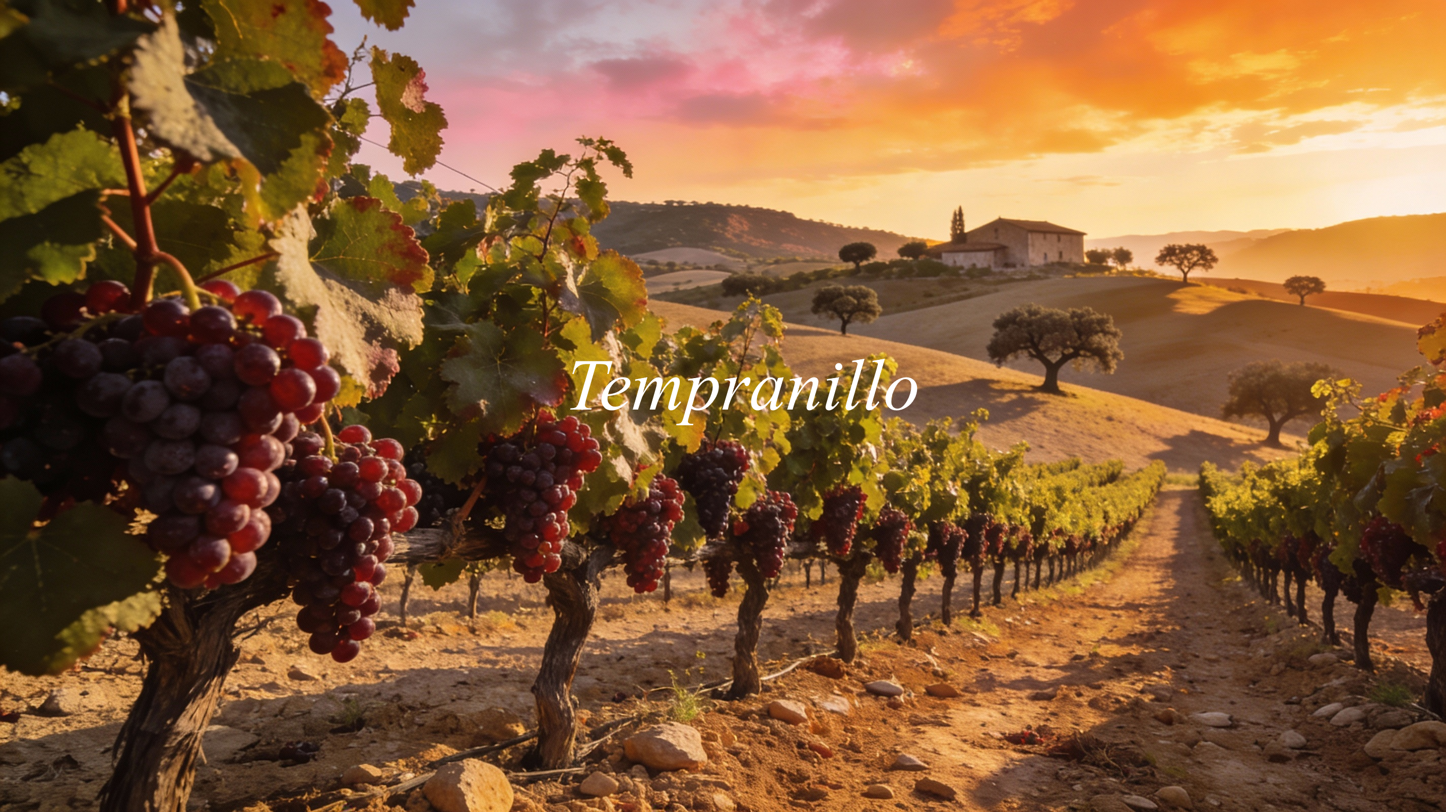 Viñedos de Tempranillo en España, con paisaje de interior y luz de atardecer