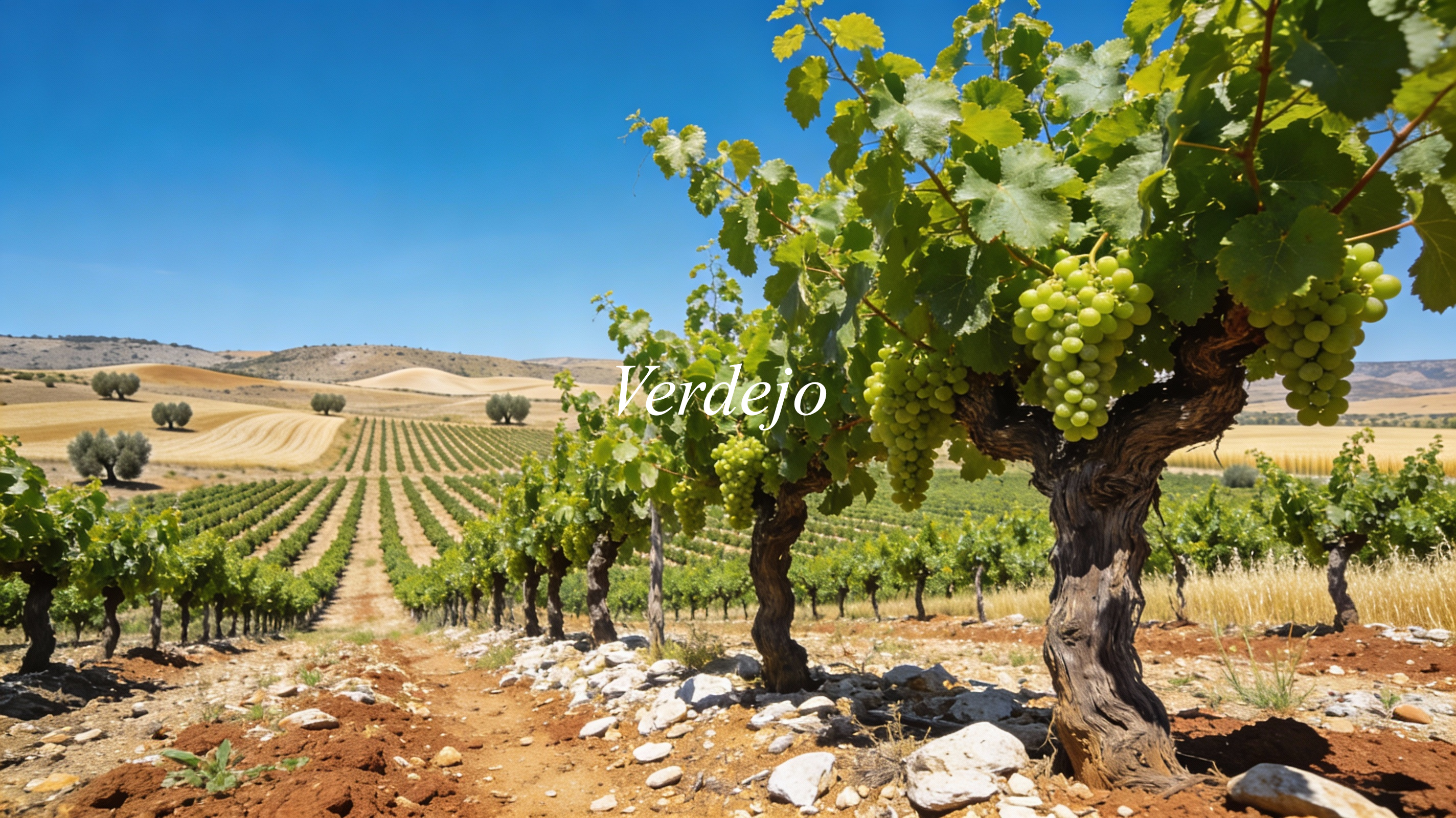 Viñedos de Verdejo en la Denominación de Origen Rueda, con paisaje de meseta y luz clara