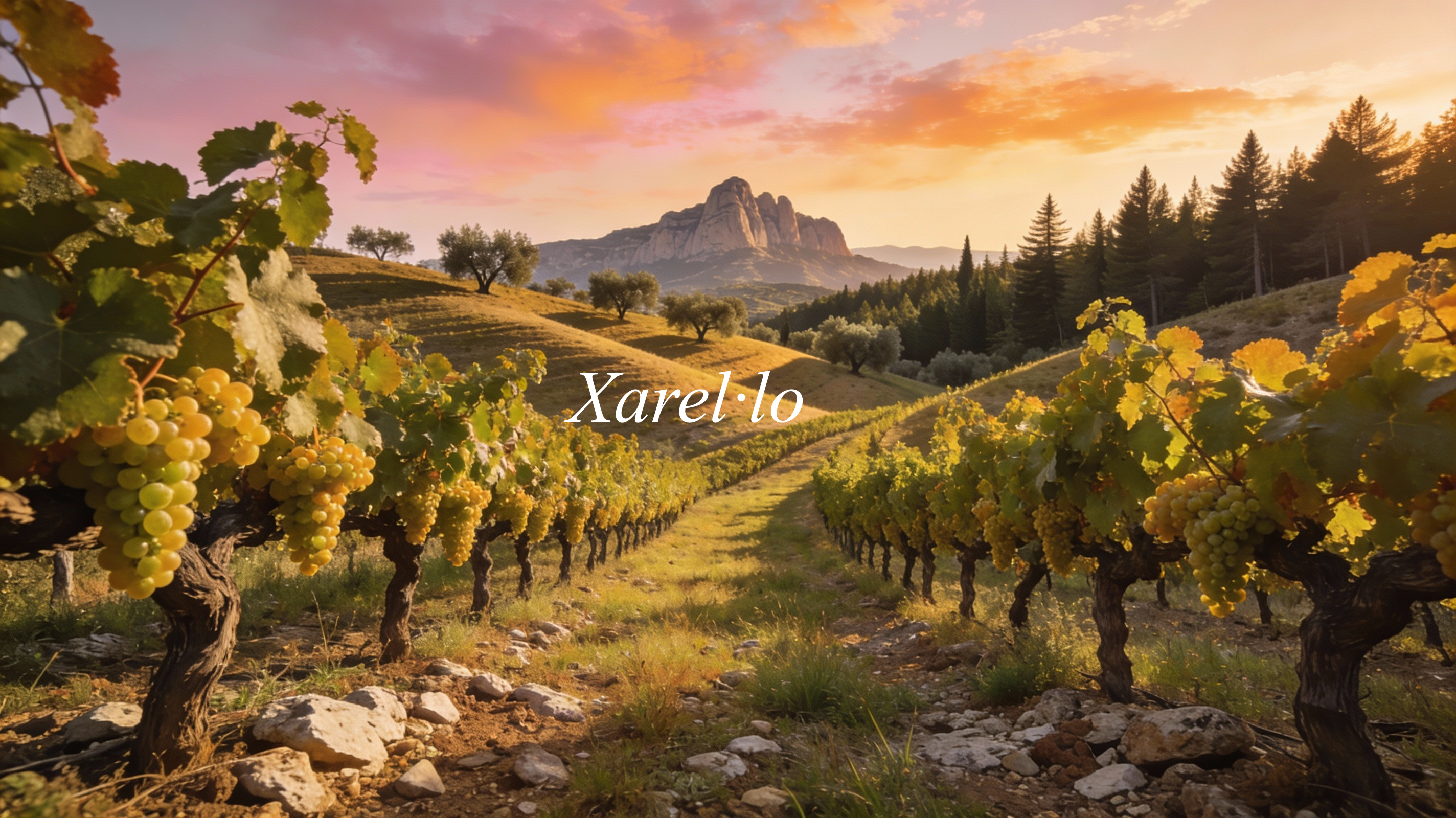 Viñedos mediterráneos de Xarel·lo en el Penedès, con luz cálida y paisaje de colinas