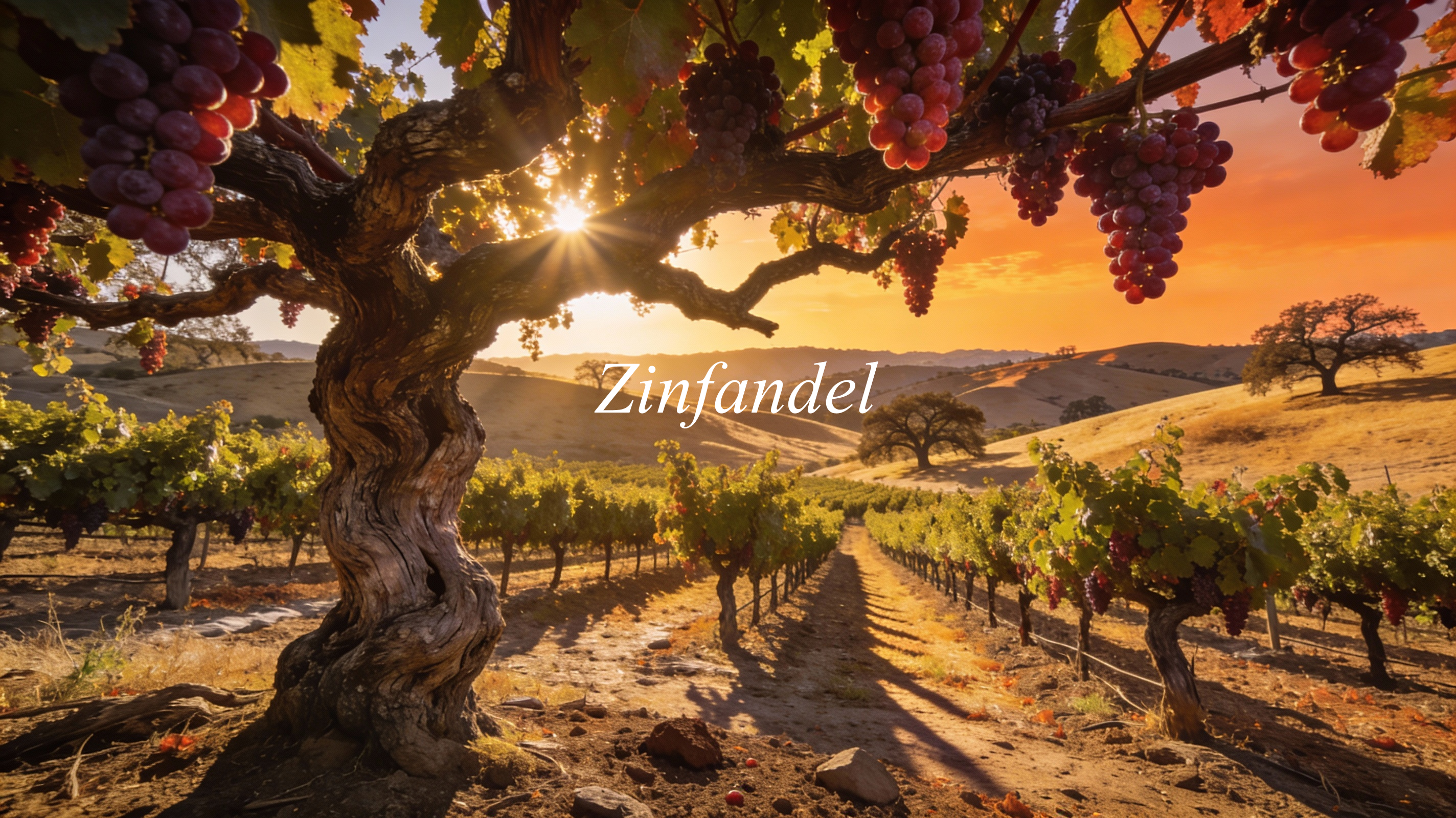 Viñedos antiguos de Zinfandel en los valles cálidos de California bajo el sol de la tarde