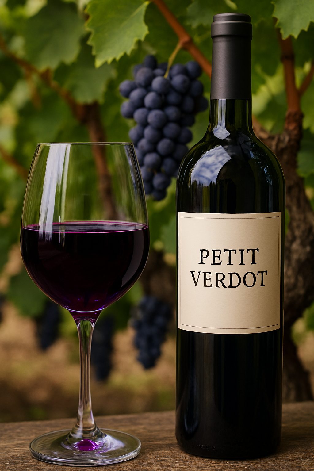 Copa de vino tinto Petit Verdot junto a su botella, color profundo y reflejos violáceos