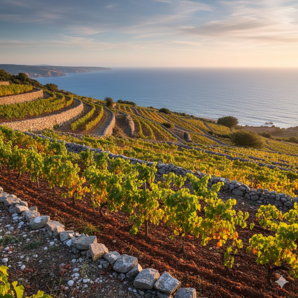 Viñedos de Arinto en terrazas graníticas cerca del océano Atlántico, Portugal