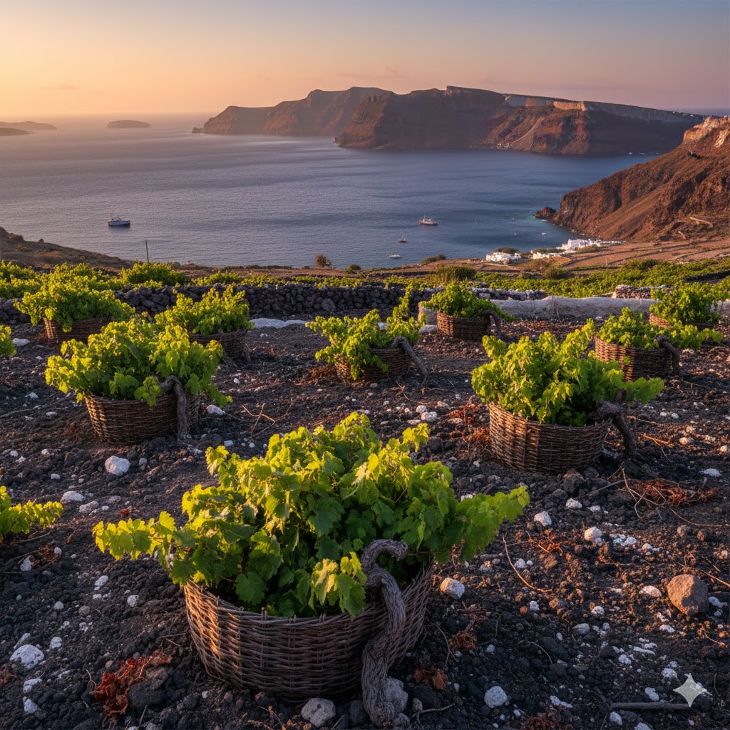Paisaje volcánico de Santorini con viñedos de Assyrtiko en cestas frente al mar