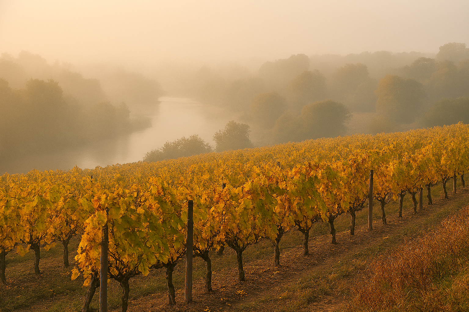 Viñedos de Chenin Blanc en las riberas del río Layon con niebla matinal otoñal