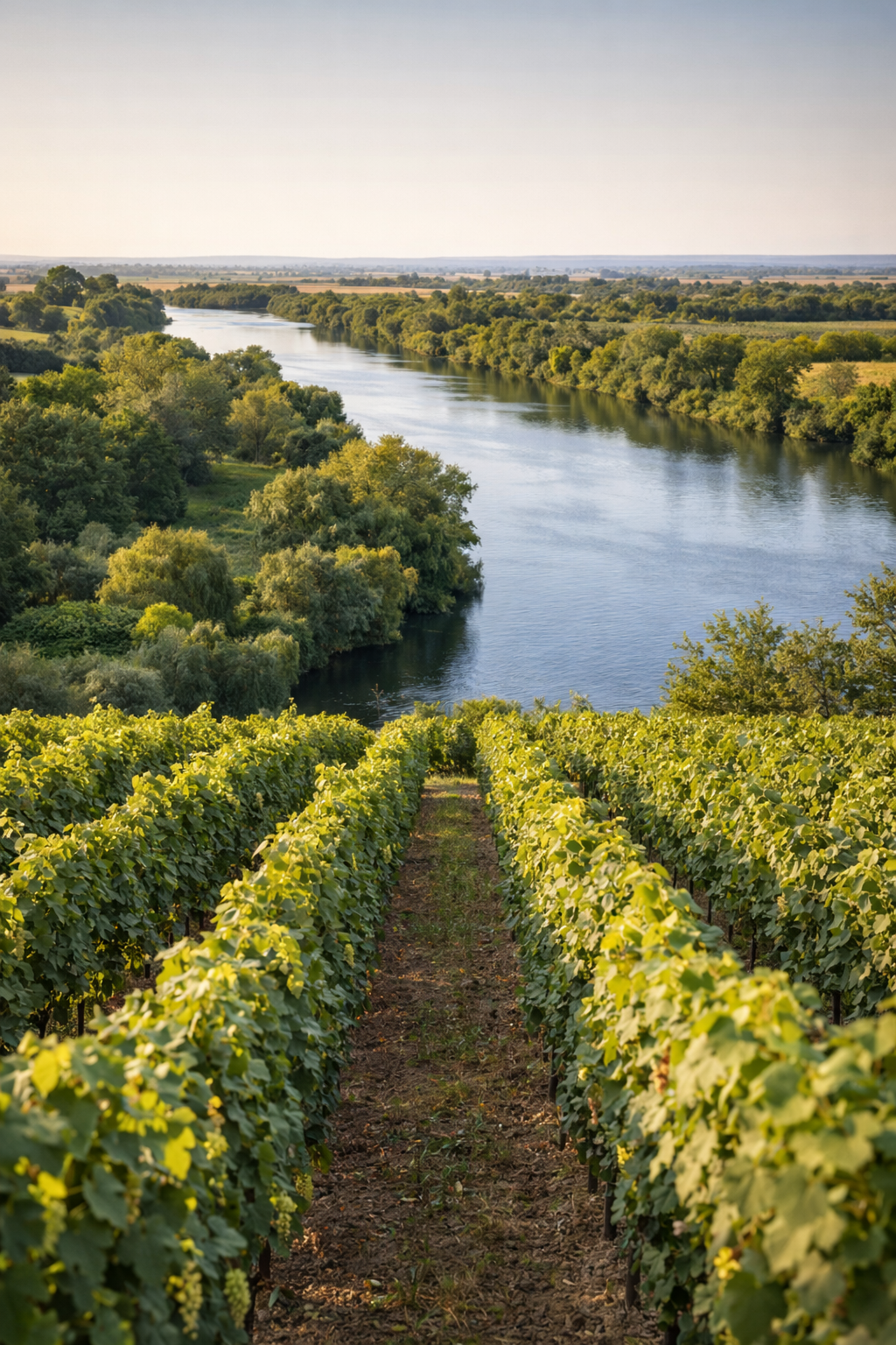 Viñedos de Fernão Pires en el valle del Tajo con el río y vegetación de ribera