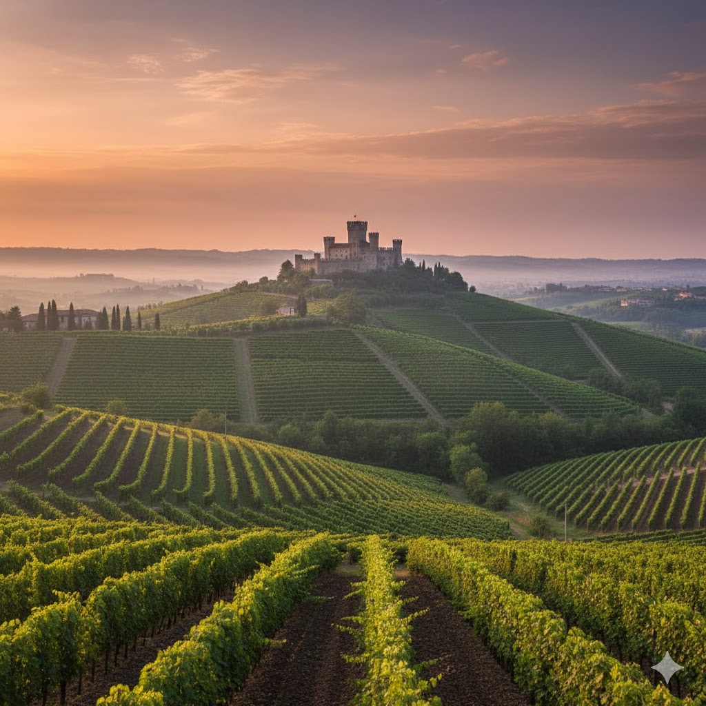 Paisaje de las colinas de Soave Classico con viñedos y el castillo medieval al fondo