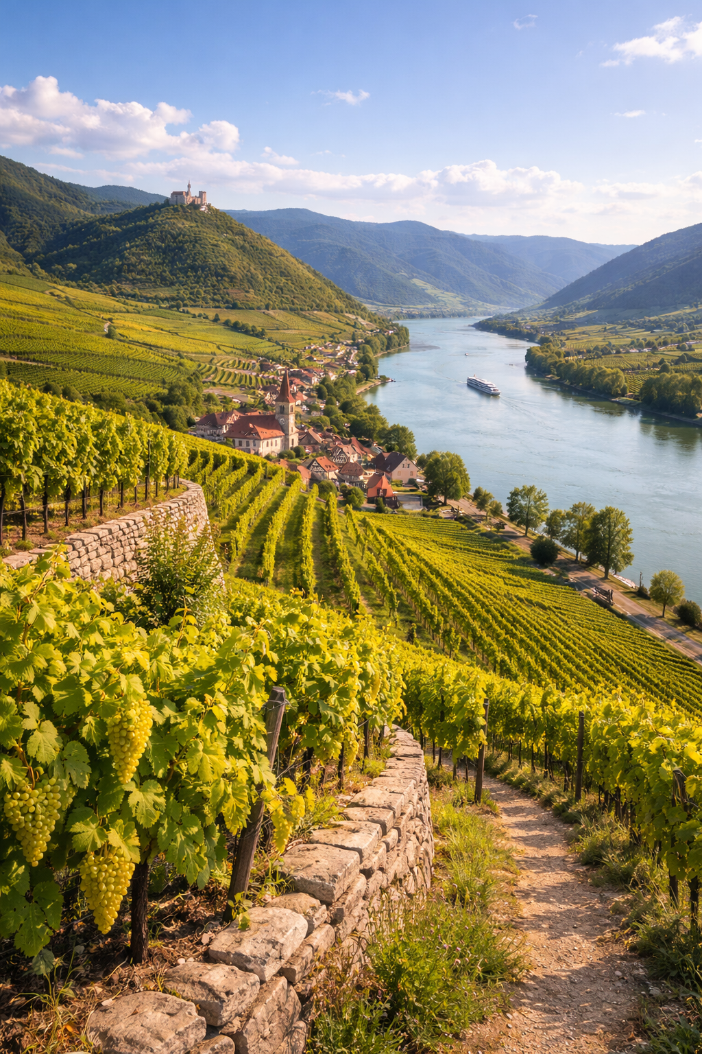 Paisaje del valle del Danubio en Wachau con viñedos en terrazas y el río