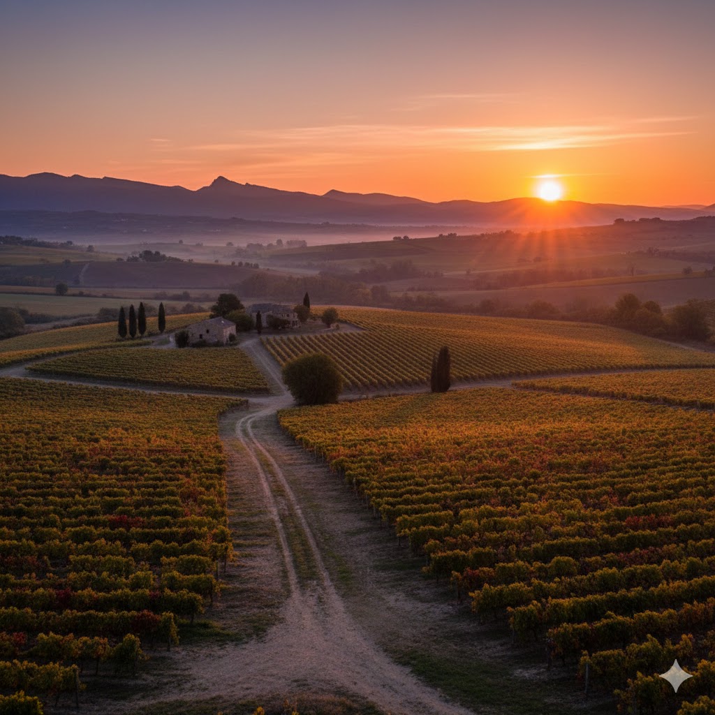 Paisaje de viñedos de Macabeo al atardecer