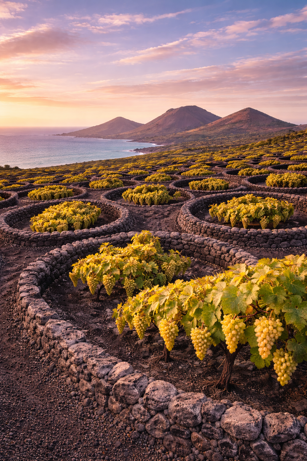 Paisaje de viñedos Malvasía en terrazas volcánicas de Lanzarote