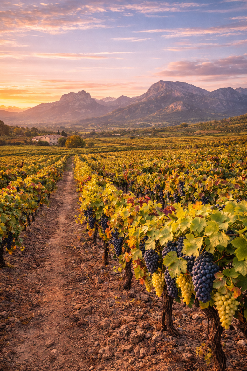 Paisaje de viñedos Manto Negro en Binissalem con Serra de Tramuntana al fondo