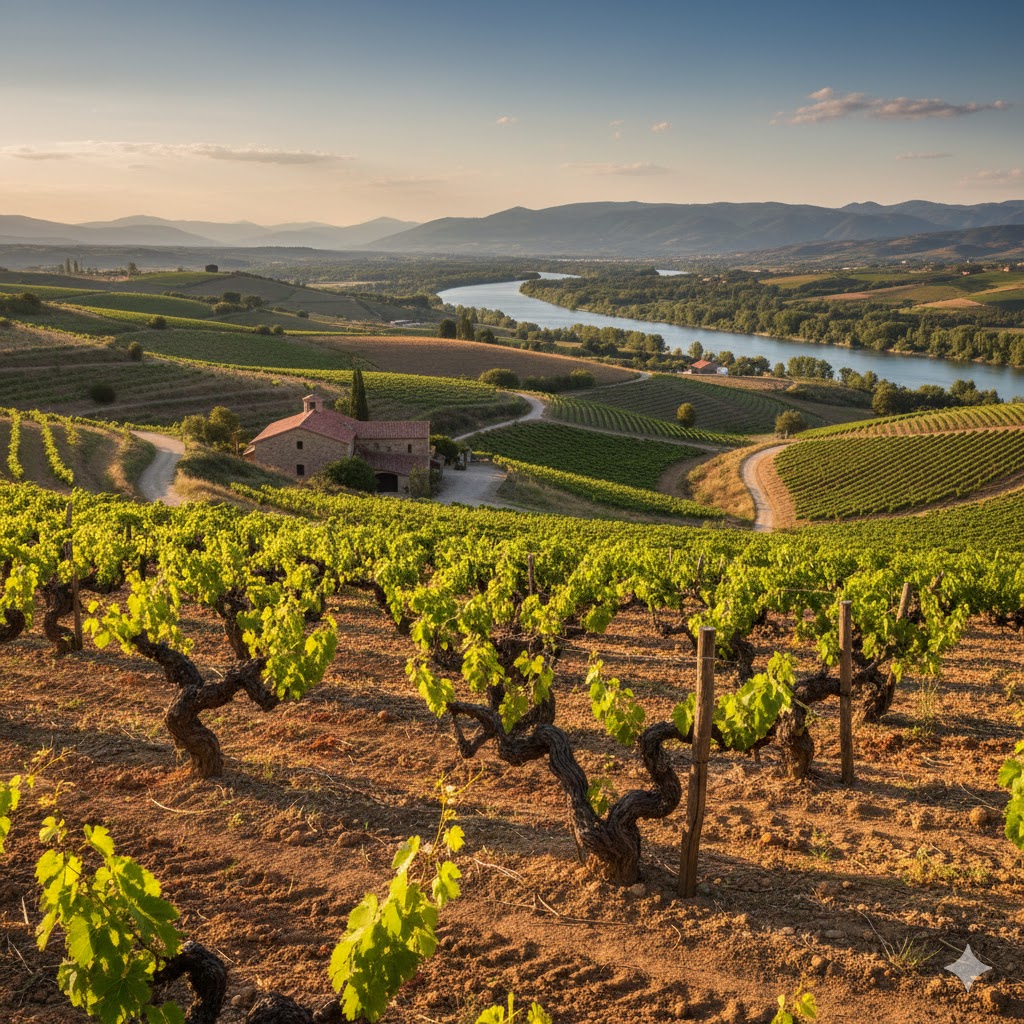 Viñas viejas de Maturana Blanca en Rioja Alta con río Ebro al fondo