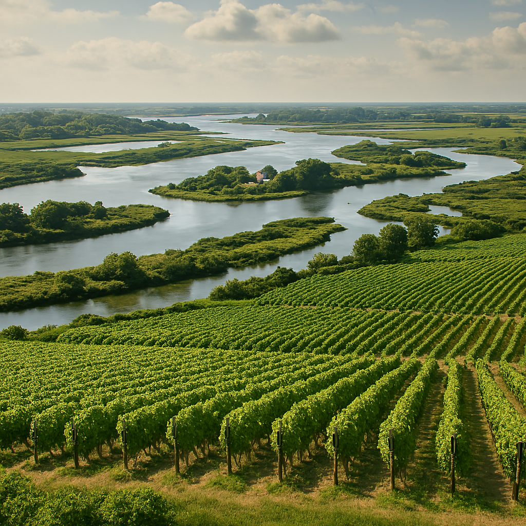 Paisaje del estuario del Loire con viñedos de Melon y canales de agua salada