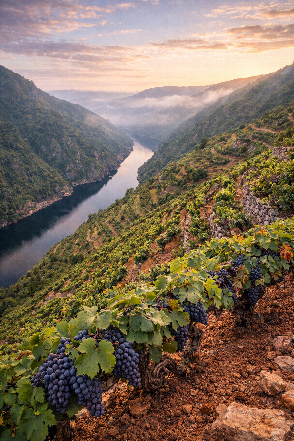 Paisaje Ribeira Sacra con viñedos Mencía en bancales sobre cañón del Sil