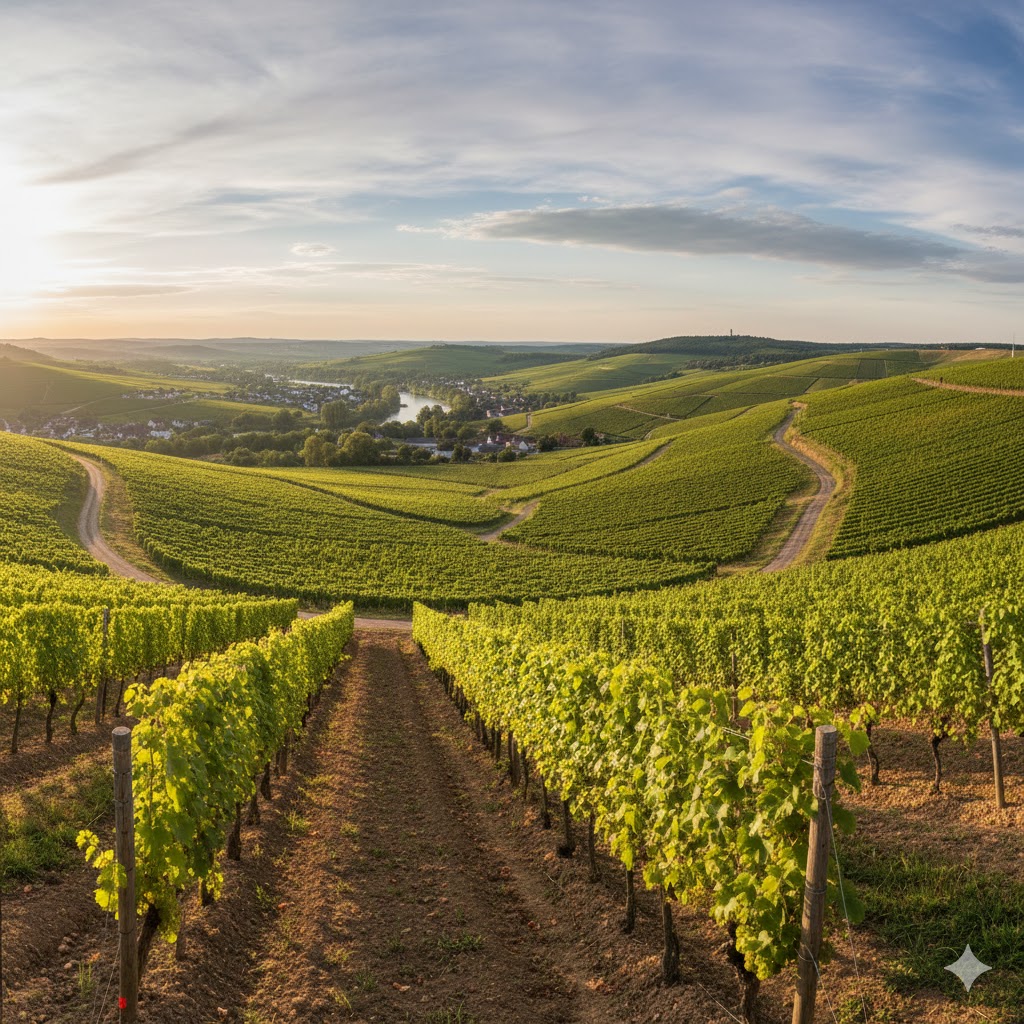 Paisaje de viñedos de Müller-Thurgau en las colinas de Rheinhessen