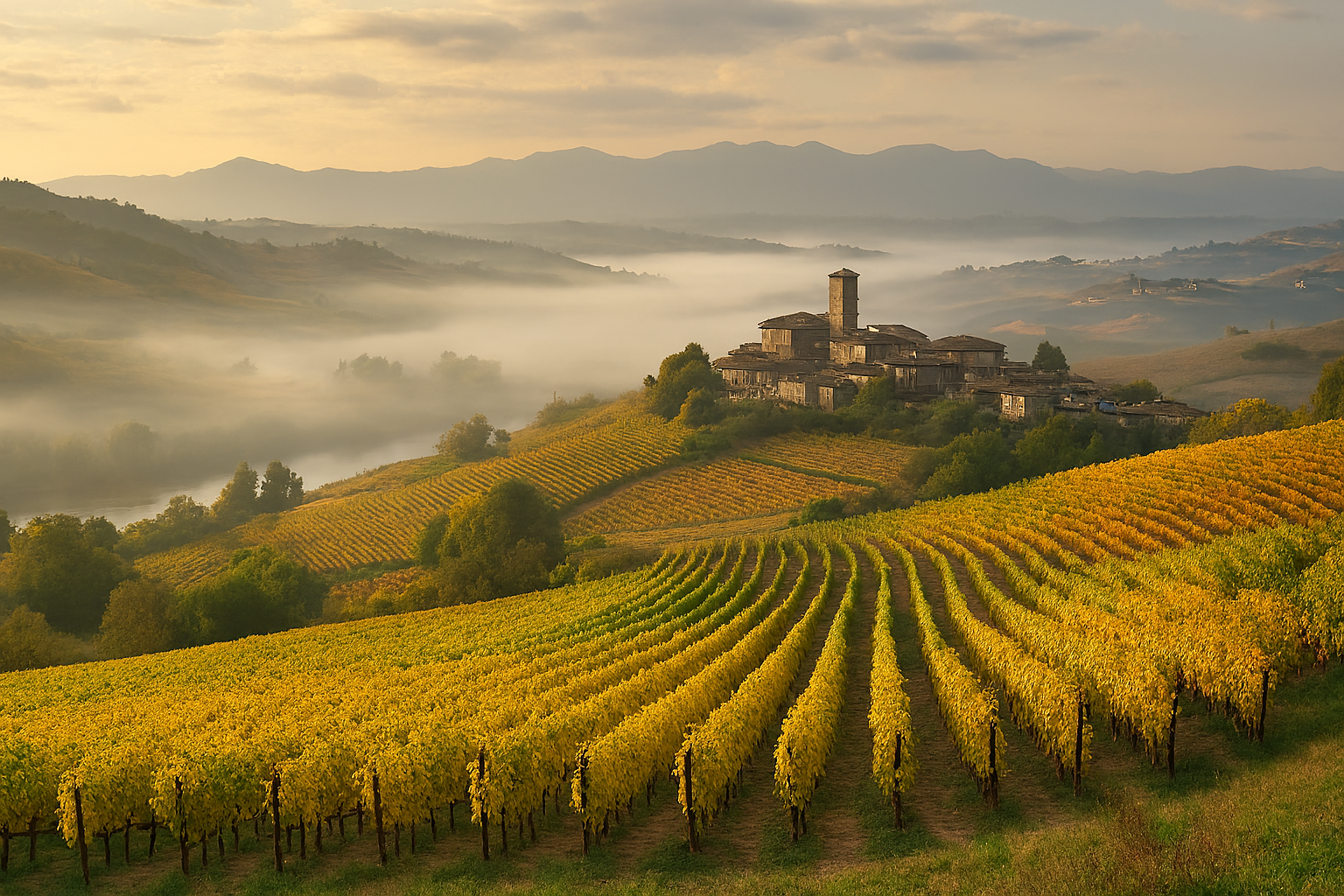 Paisaje de las colinas de Langhe con viñedos de Nebbiolo y niebla otoñal