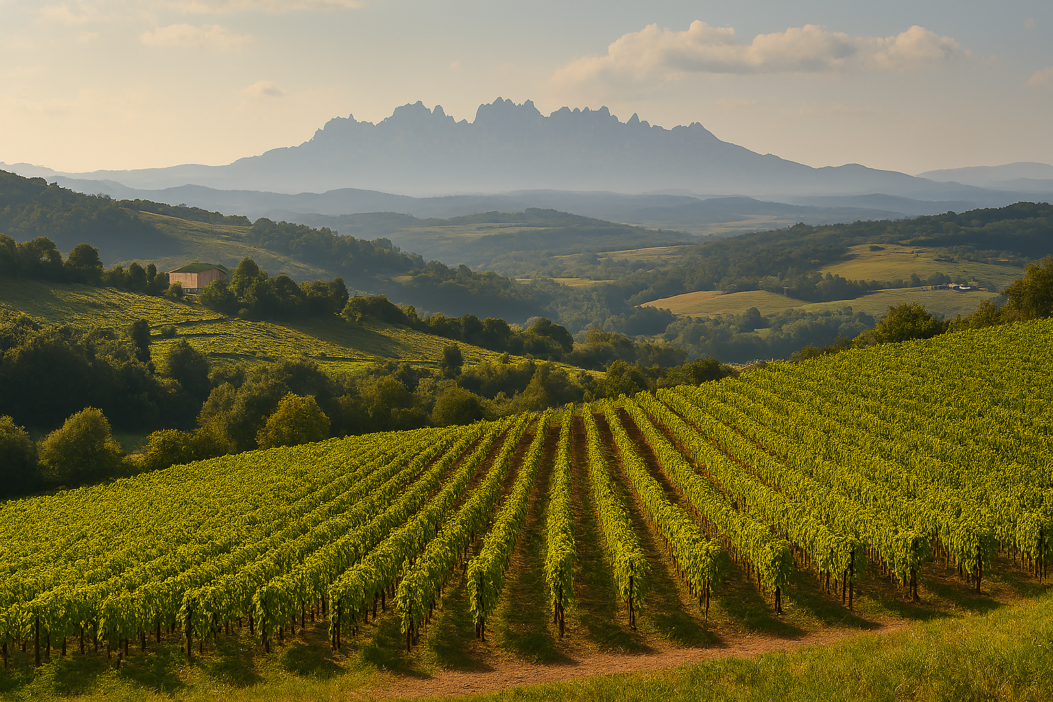 Paisaje de viñedos de Parellada en las alturas del Penedès con Montserrat al fondo