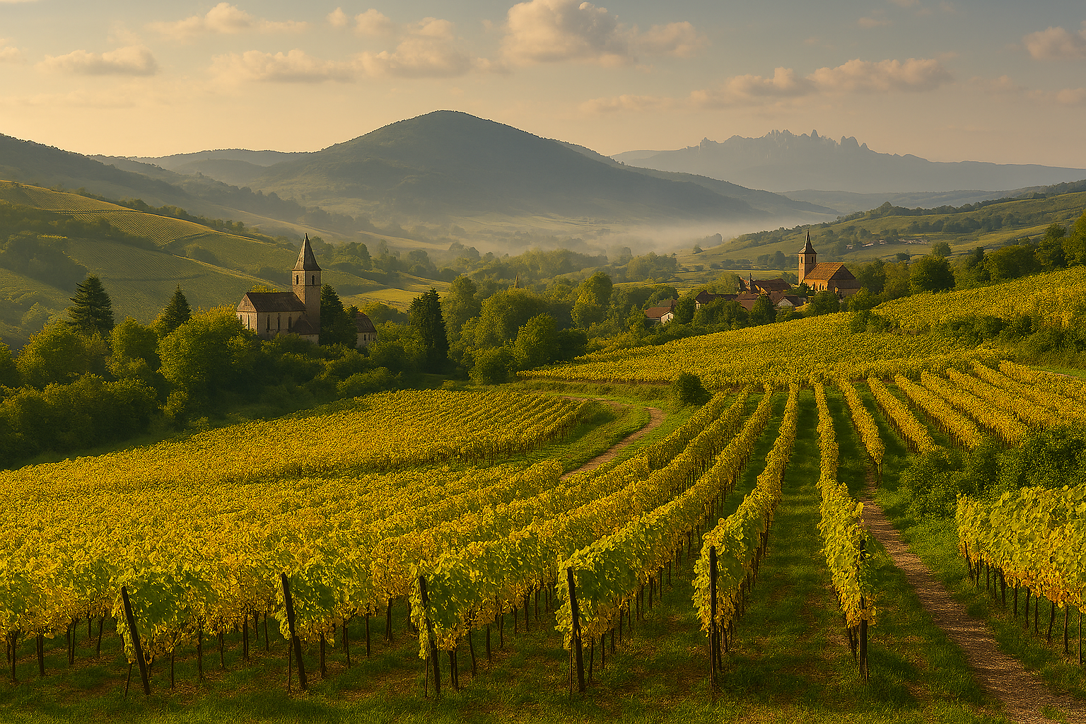 Paisaje alsaciano con viñedos de Pinot Gris en colinas soleadas y pueblos medievales