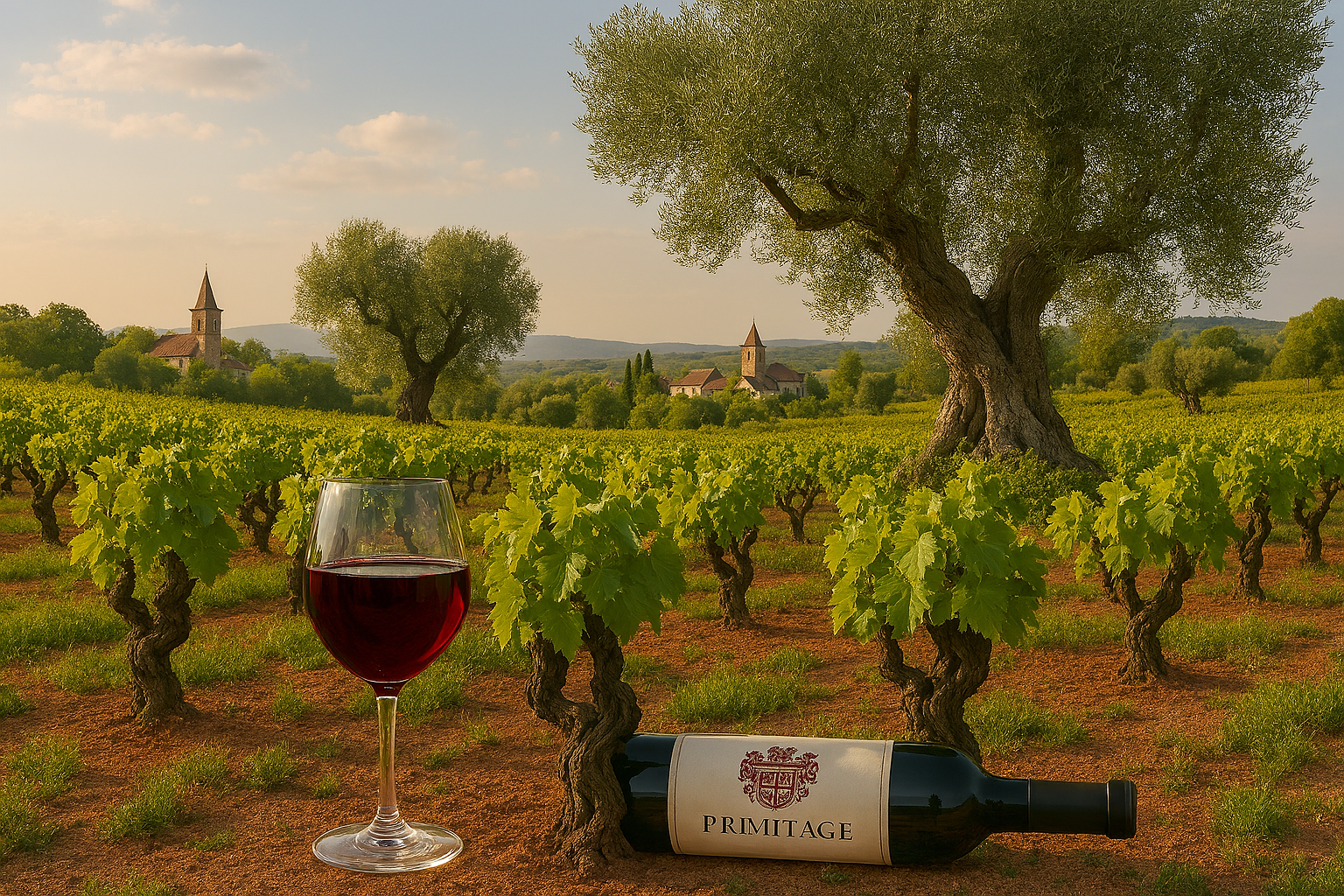 Paisaje de Puglia con viñedos antiguos de Primitivo y olivos centenarios