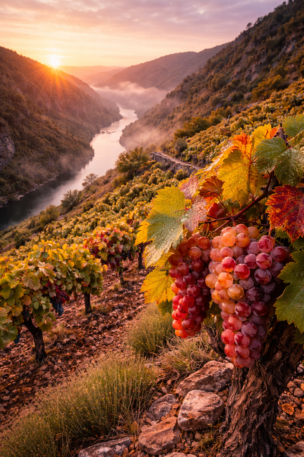 Viñedos Romé en los cañones de Sil al amanecer