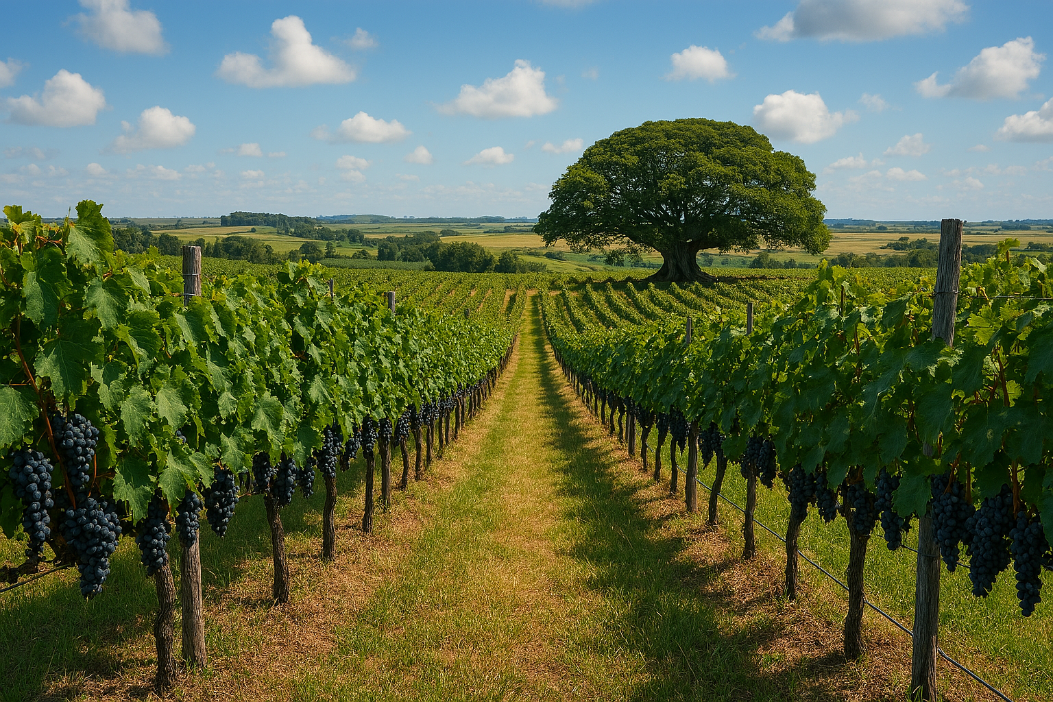 Paisaje uruguayo con viñedos de Tannat y el característico ombú al fondo