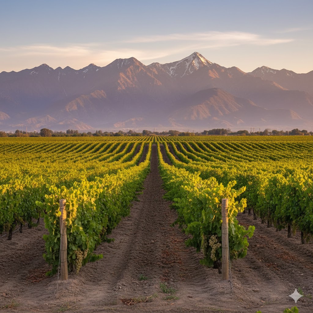 Paisaje de viñedos argentinos donde se cultiva Torrontés, con montañas al fondo