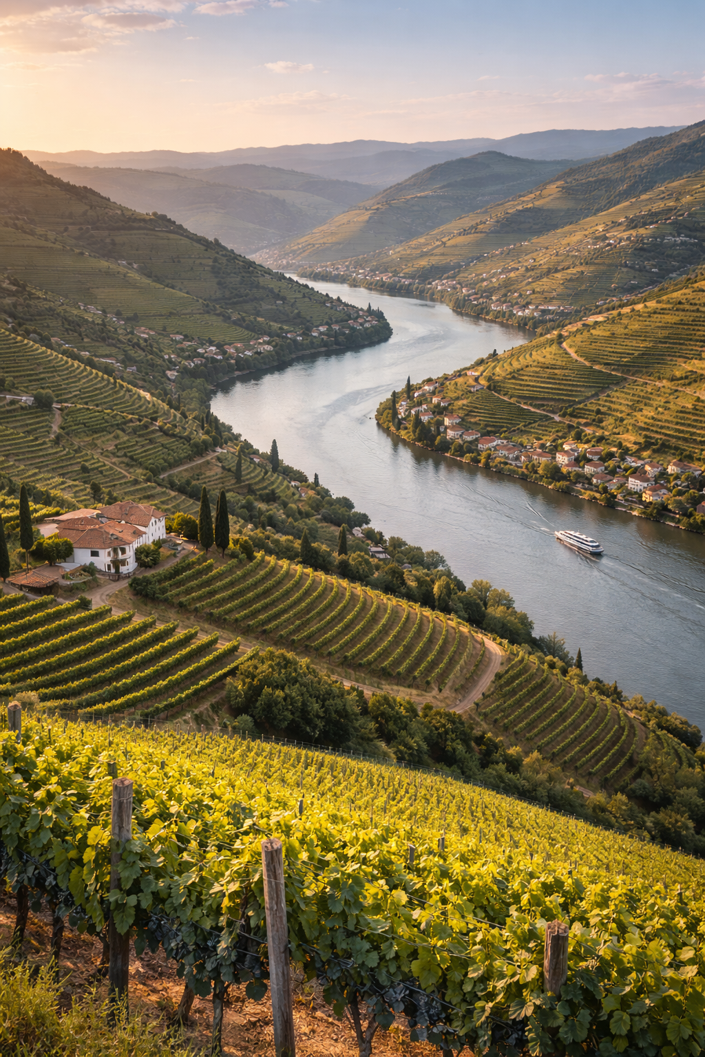 Paisaje del Valle del Duero con viñedos en terrazas y el río serpenteando