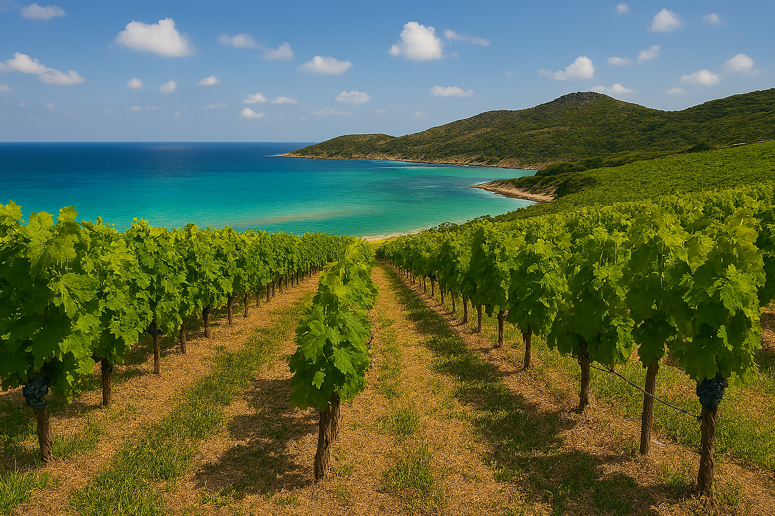 Paisaje costero de Cerdeña con viñedos de Vermentino junto al mar turquesa