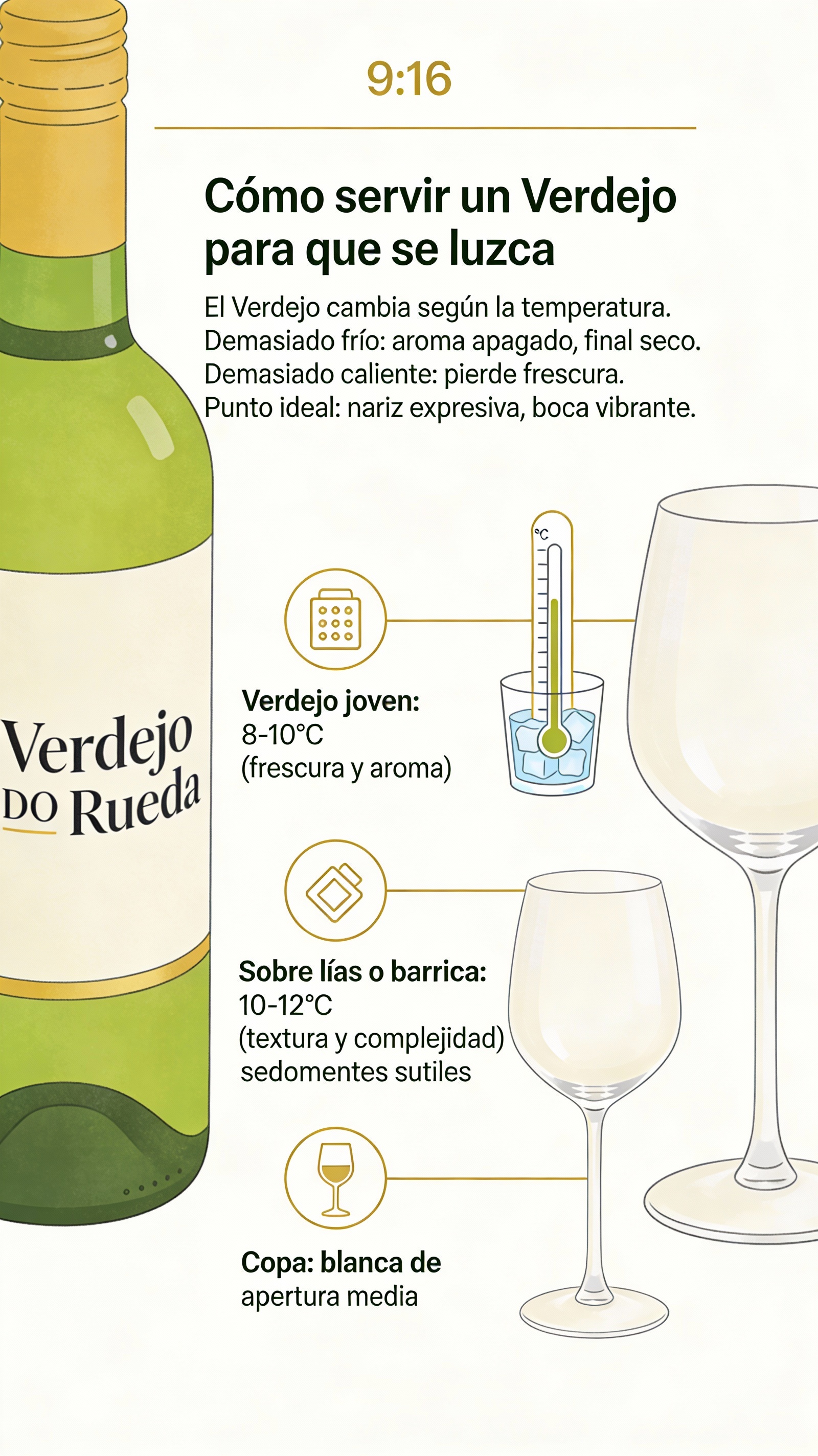 Servicio de vino Verdejo a temperatura adecuada, en copa de blanco