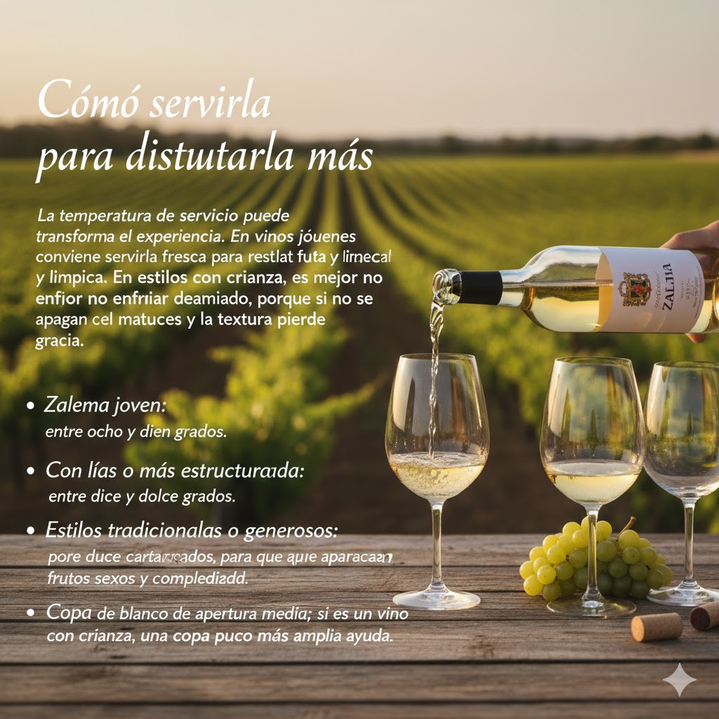 Servicio de Zalema a temperatura adecuada, en copa de vino blanco