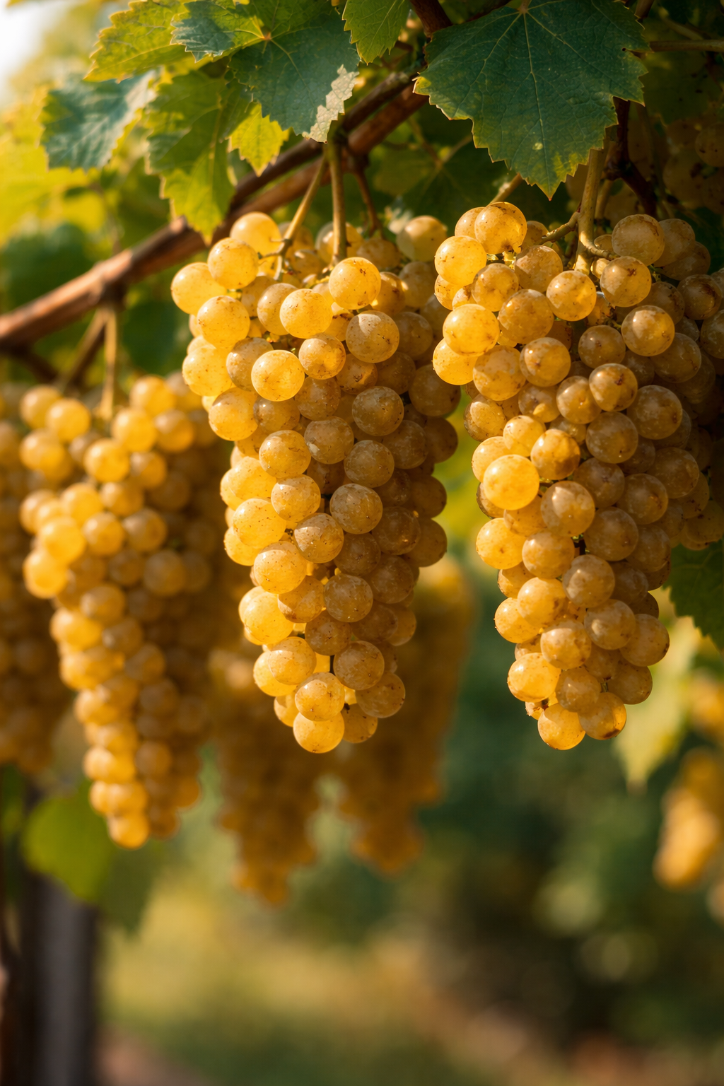 Racimos medianos de Assyrtiko con bayas pequeñas y piel gruesa amarillo-ámbar