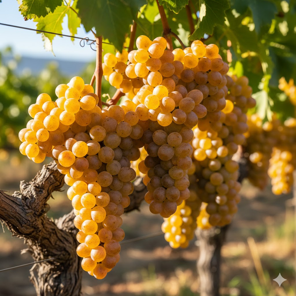 Racimos compactos de Chenin Blanc con bayas doradas y piel fina semi-translúcida